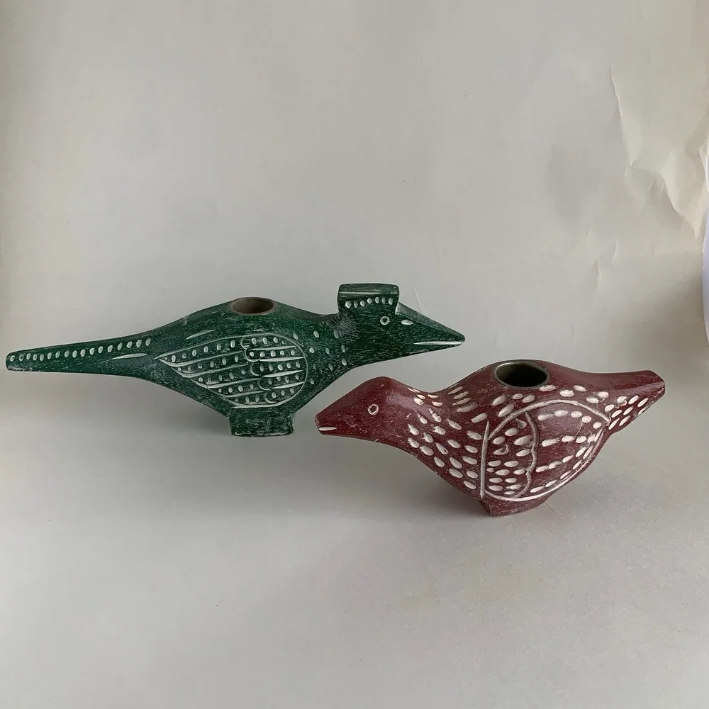 Pottery Barn Wooden Bird Candle Holders Set Of 2 Southwestern Native Aztec Decor